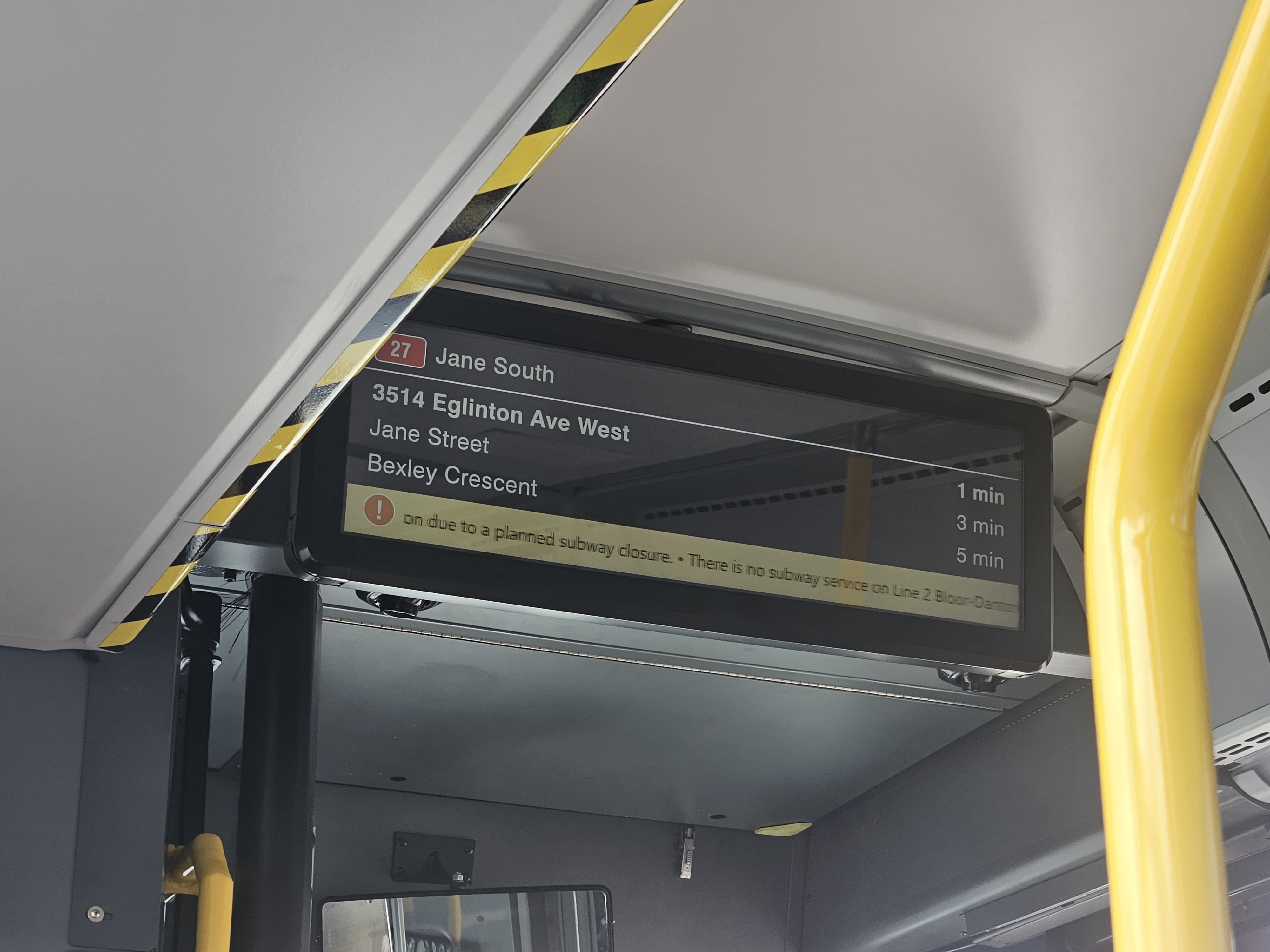 New TTC bus screen showing upcoming stops and service alerts